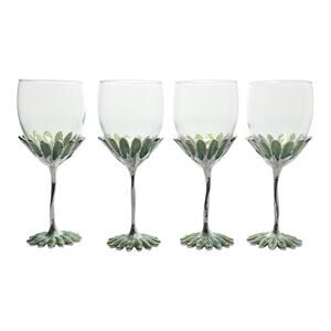 Forever International Set of 4 Green Enamel Metal Flower Wine Glasses 7 3/8” 8oz
